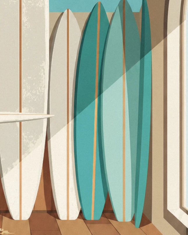 A row of 5 upright white and turquoise boards with orange rails near the window