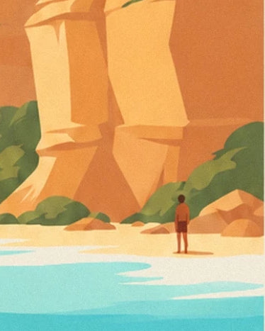 Un personnage sur la plage de Bells Beach, face aux hautes falaises ocre