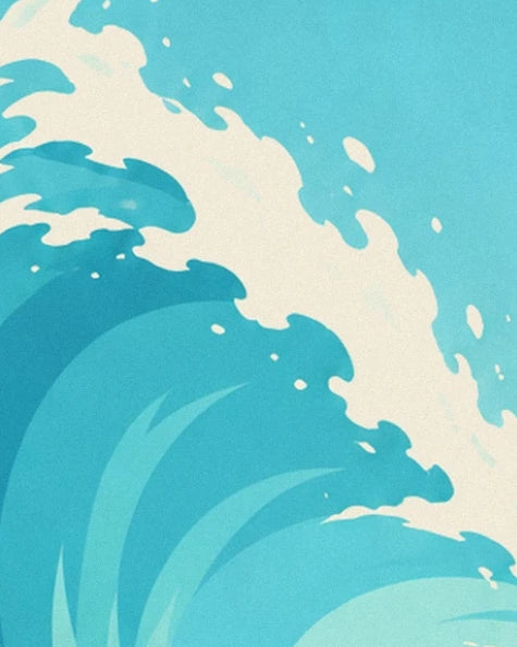 La crête d’une vague turquoise coiffée d’une large écume blanche