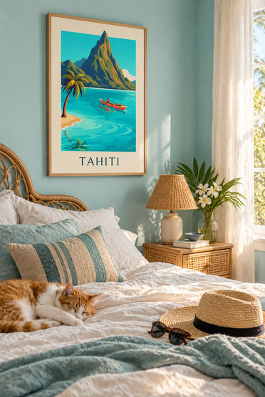 Plakat z polinezyjską pirogą na oceanie na Tahiti: oprawiony na ścianie