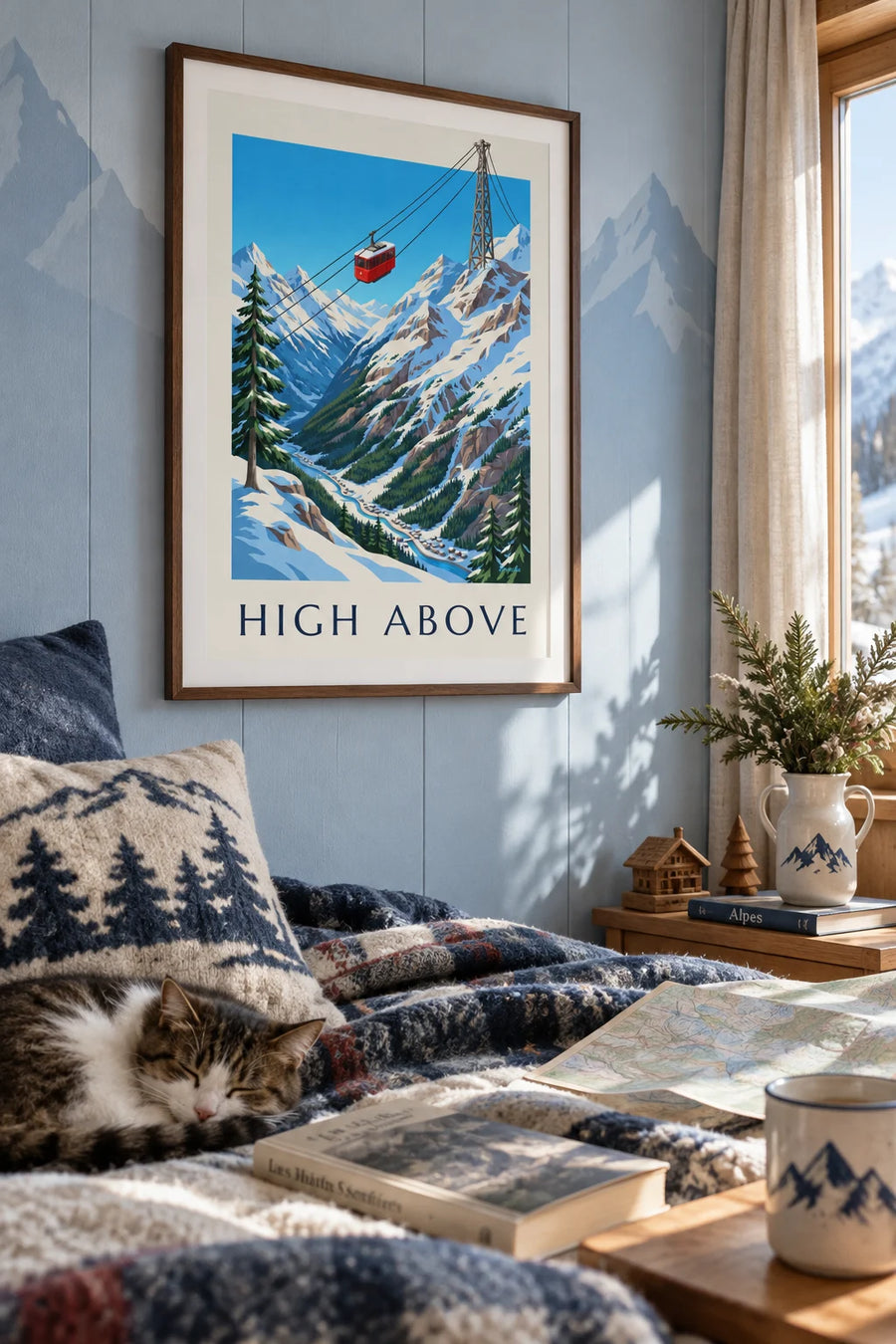 Poster of a red cable car cabin above snowy mountains: framed on the wall