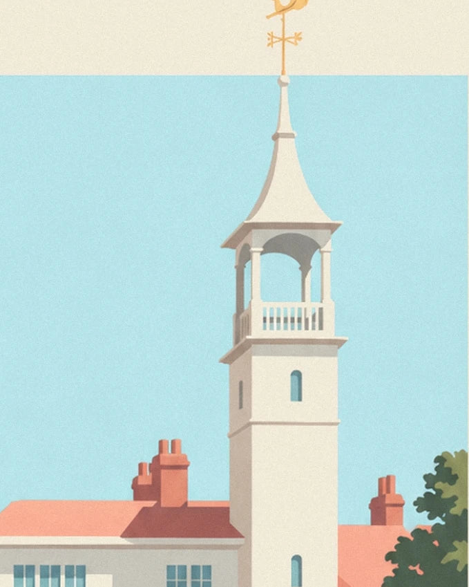 The cream clubhouse tower with its balcony and weather vane against a blue sky