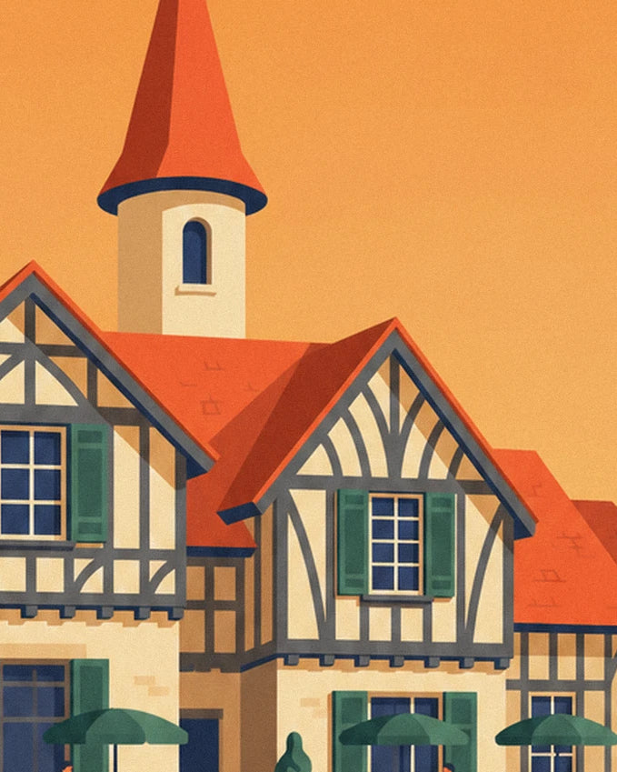 The clubhouse turret with its red roof, half-timbered gables and green shutters