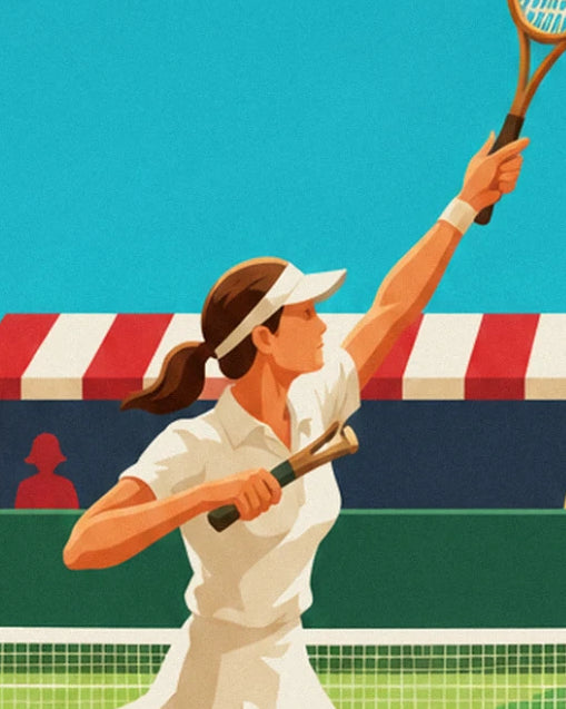 The player in a white visor, arm outstretched and racket raised, in front of the red and white striped awning