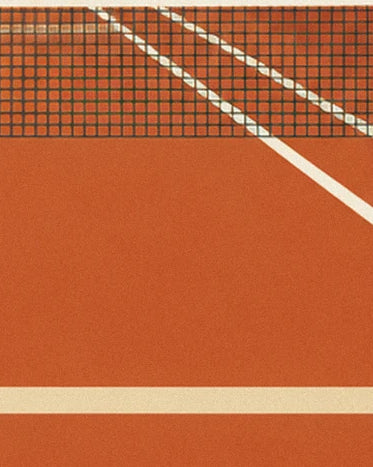 The black net and white tennis court lines on orange clay