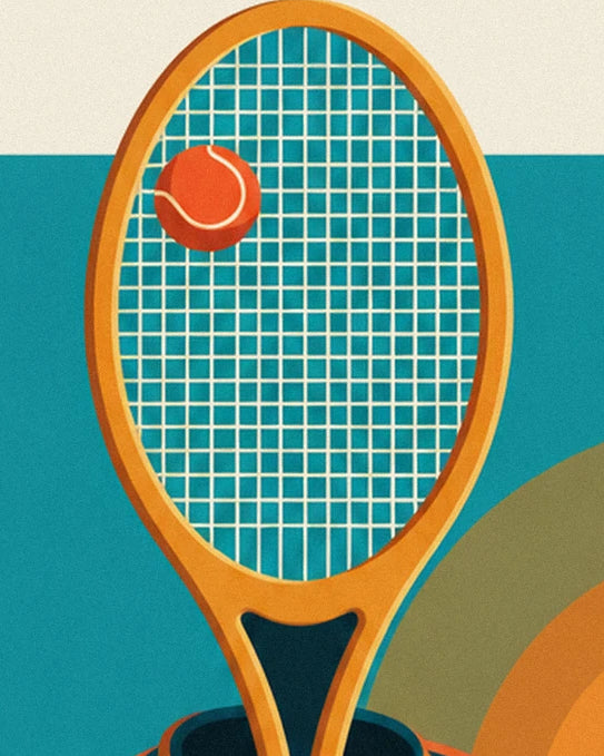 The racket with its yellow-orange frame and white strings in front of an orange ball