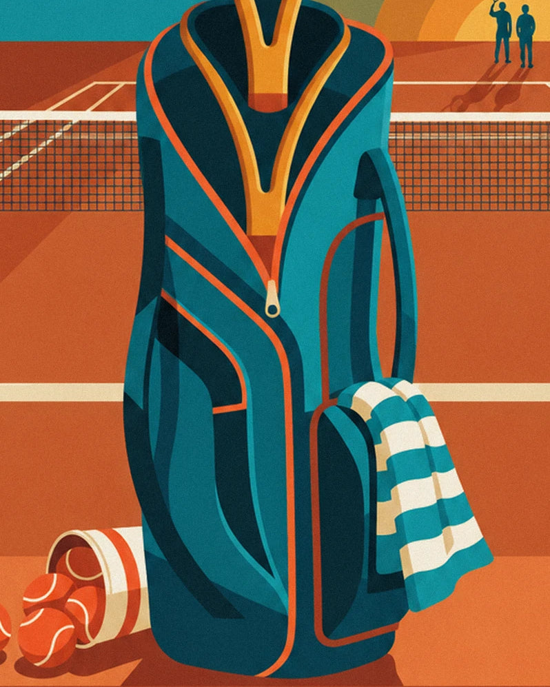 The blue tennis bag with orange trim, its striped towel and balls on the court