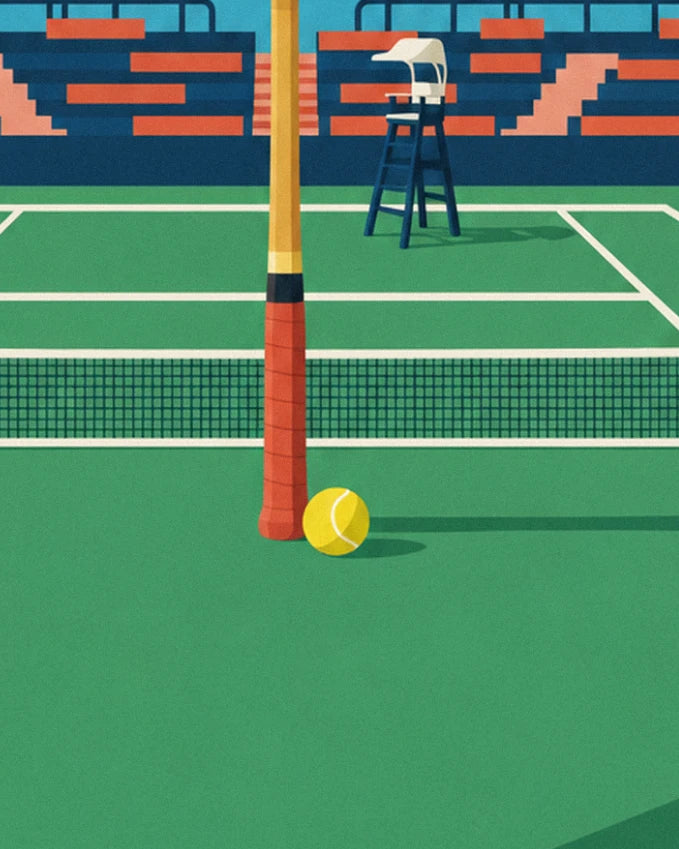 Le manche de la raquette et la balle jaune posée sur le court vert, filet et chaise d'arbitre au fond