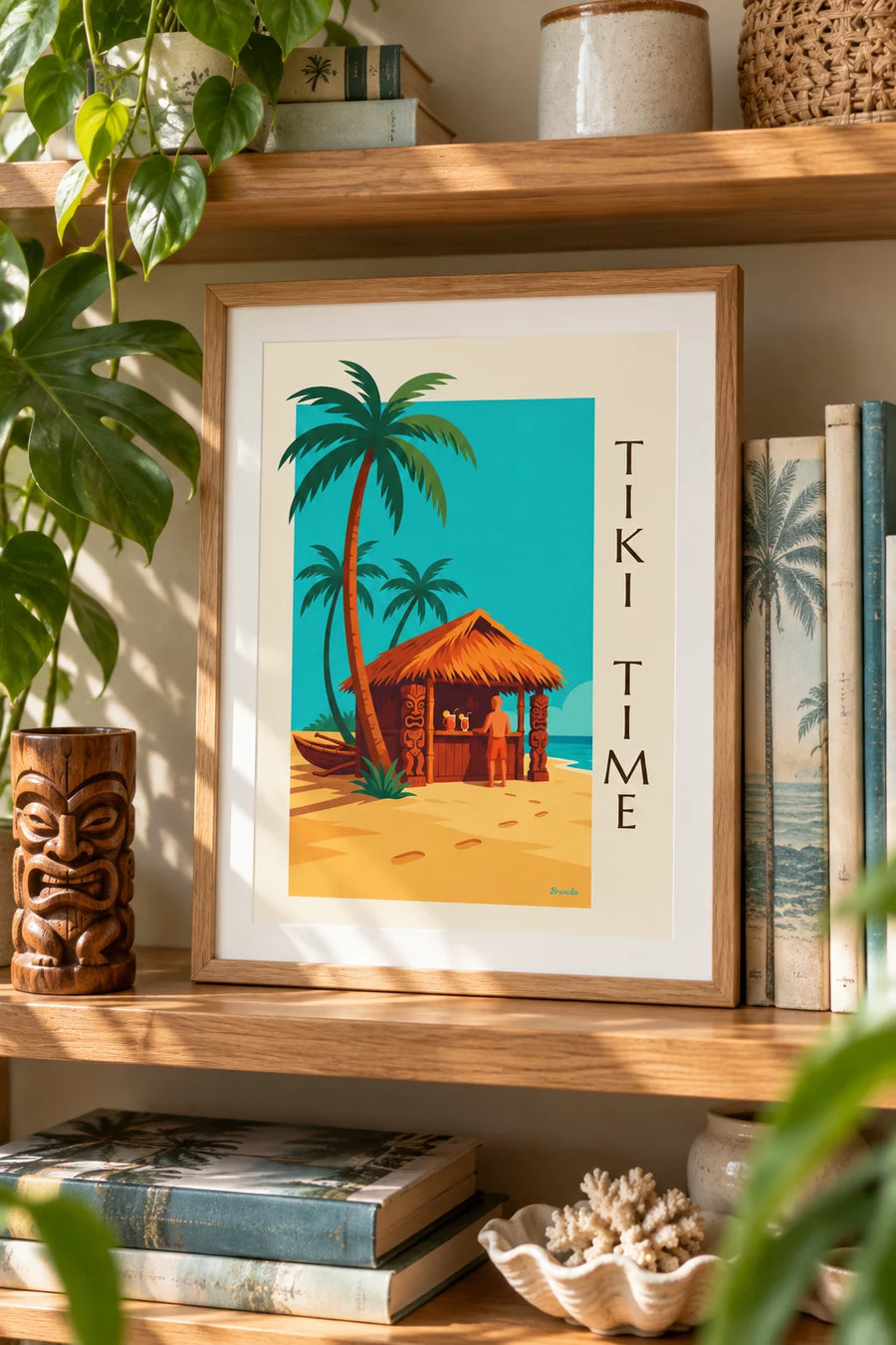 Plakat tropikalny bar tiki na plaży i palmy: mały format A4 w ramie