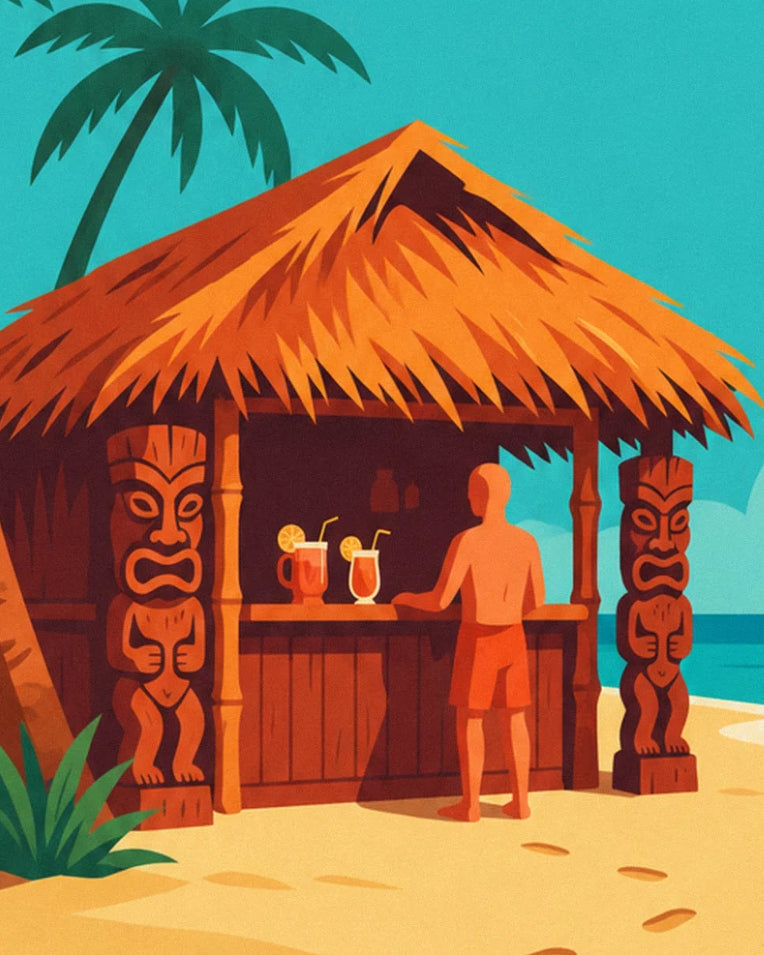 Affiche bar tiki tropical sur la plage et palmiers : détail en gros plan