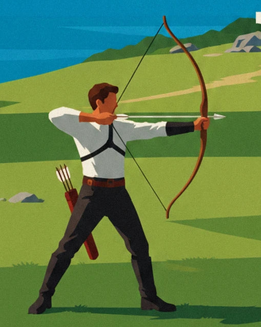 L’archer en chemise blanche, son arc bandé et son carquois à la ceinture