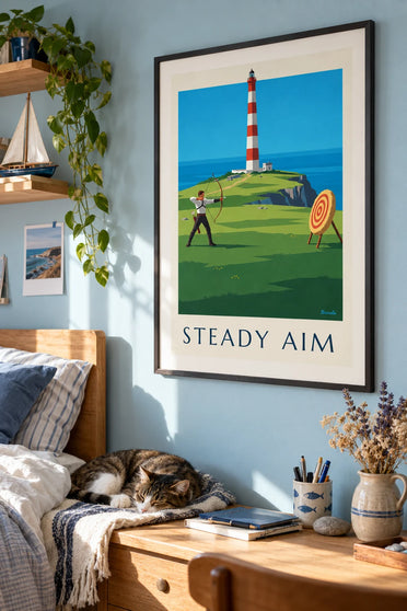 Affiche archer sur une falaise face à la mer et au phare : encadrée au mur