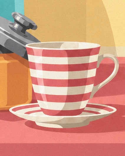 La tasse à carreaux rouges et blancs sur sa soucoupe, près du pot de confiture