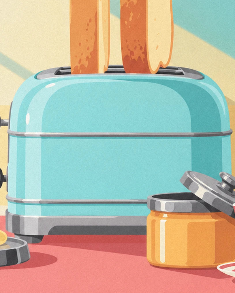 Le grille-pain turquoise aux bordures chromées, près du pot de confiture ouvert