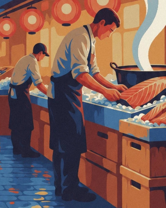 The fishmongers in blue aprons in front of the salmon fillets and red lanterns