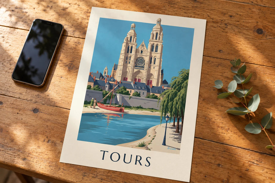 Plakat katedra w Tours i brzegi Loary: na stole