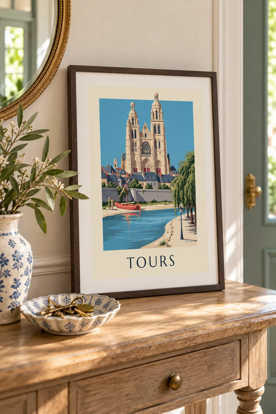 Plakat z katedrą w Tours i brzegami Loary: mały format A4 w ramie