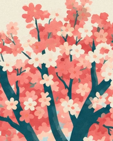 Les troncs bleu sombre du cerisier parmi les fleurs roses, corail et crème