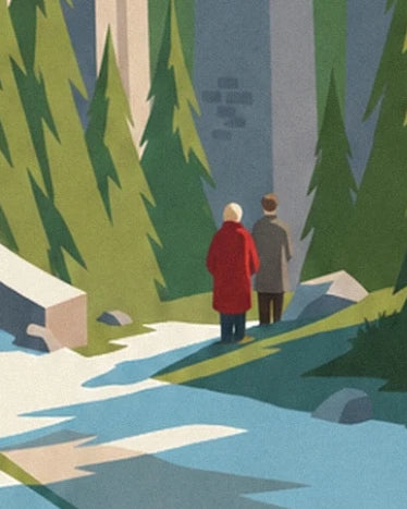 Les 2 personnages en manteaux rouge et gris parmi les sapins au pied du viaduc