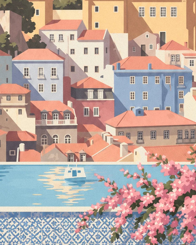 Maisons pastel aux toits orange et petit bateau blanc sur le Tage