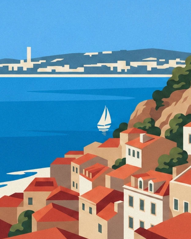 Un voilier blanc sur le Tage bleu, au-delà des toits rouges d’Alfama