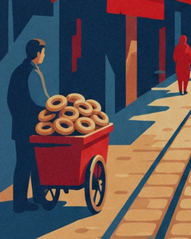 Le marchand de pains en anneau et sa charrette rouge à grande roue