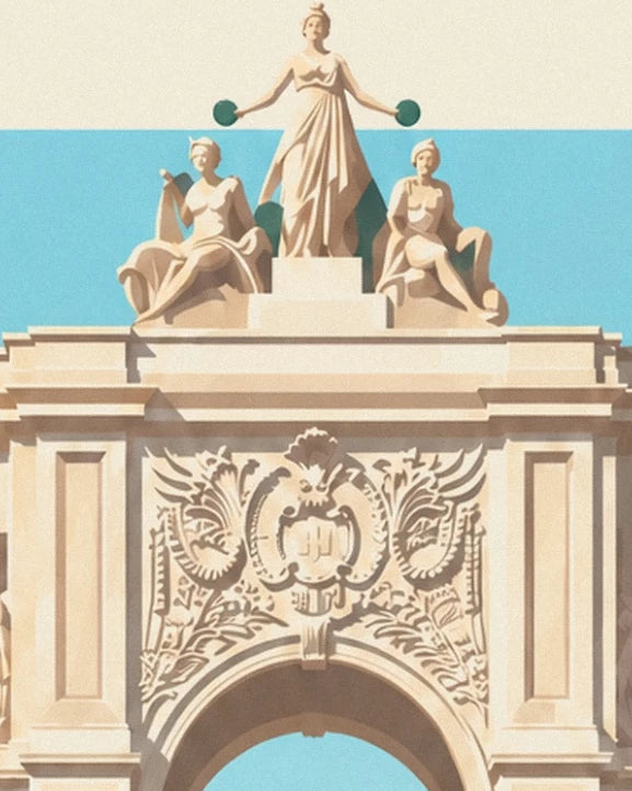 The 3 statues on top of the arch of rue Augusta and its carved decorations