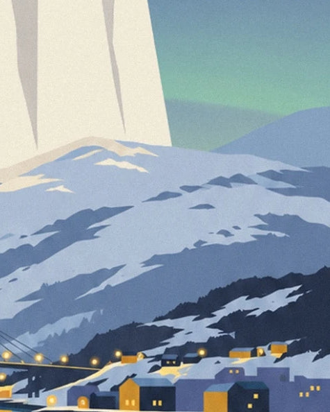 The houses with yellow windows at the foot of the snow-covered mountains of Tromsø