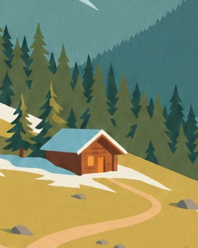 A wooden chalet with a blue roof among fir trees, patches of snow and a winding path