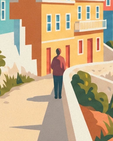 A figure in a burgundy top on a curved path, in front of a yellow house with a balcony