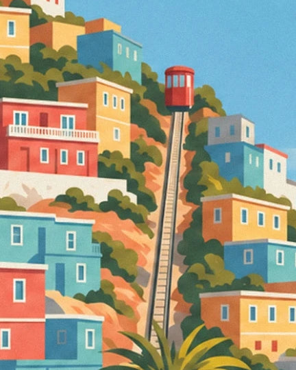 The red funicular on its steep tracks, between the colourful houses of Valparaíso