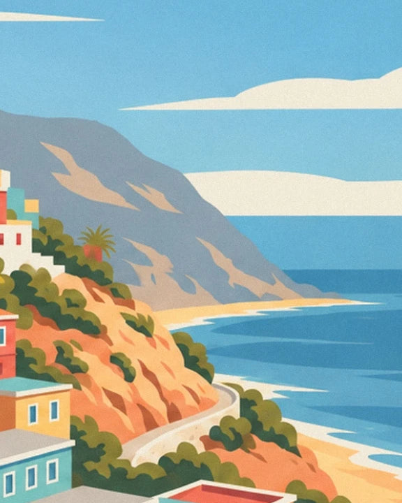 The blue bay bordered by cliffs, with a winding road above the beach