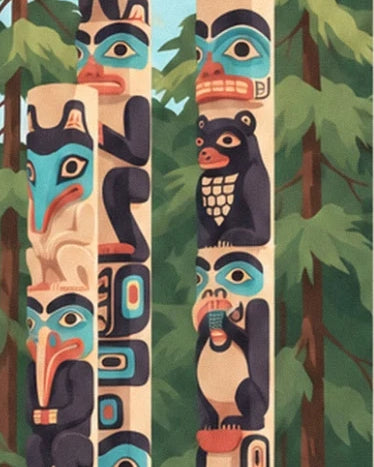 Totem poles with turquoise faces and black animals among the conifers