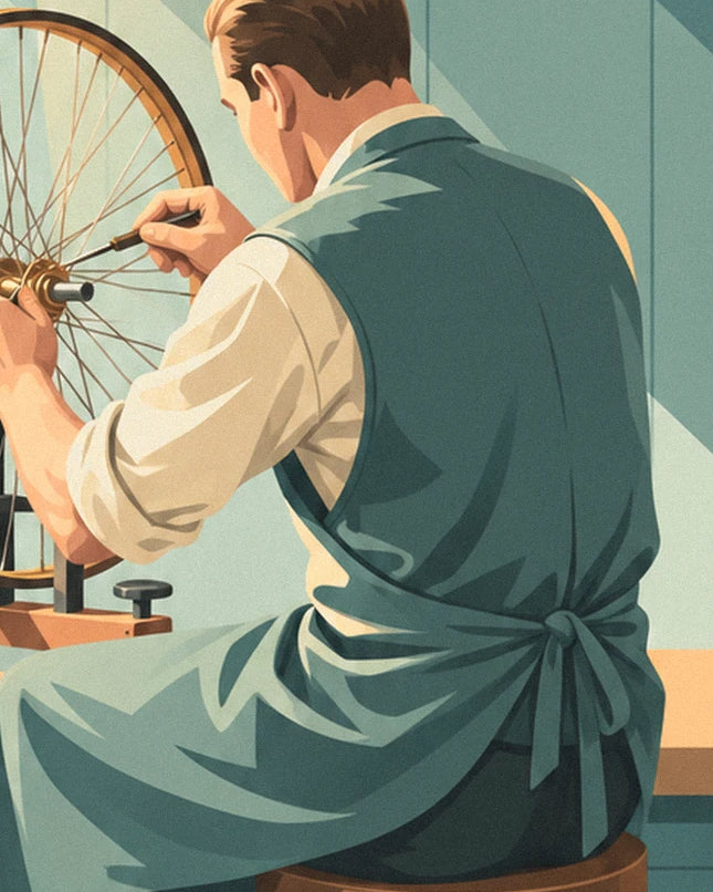 L’artisan de dos, en tablier vert et chemise crème, ajustant les rayons d’une roue