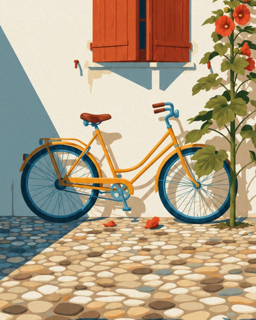 The mustard-yellow bicycle with blue wheels, leaning against the white wall near a hollyhock