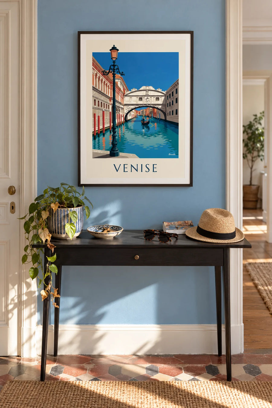 Plakat gondola pod Mostem Westchnień w Wenecji: w ramie na ścianie