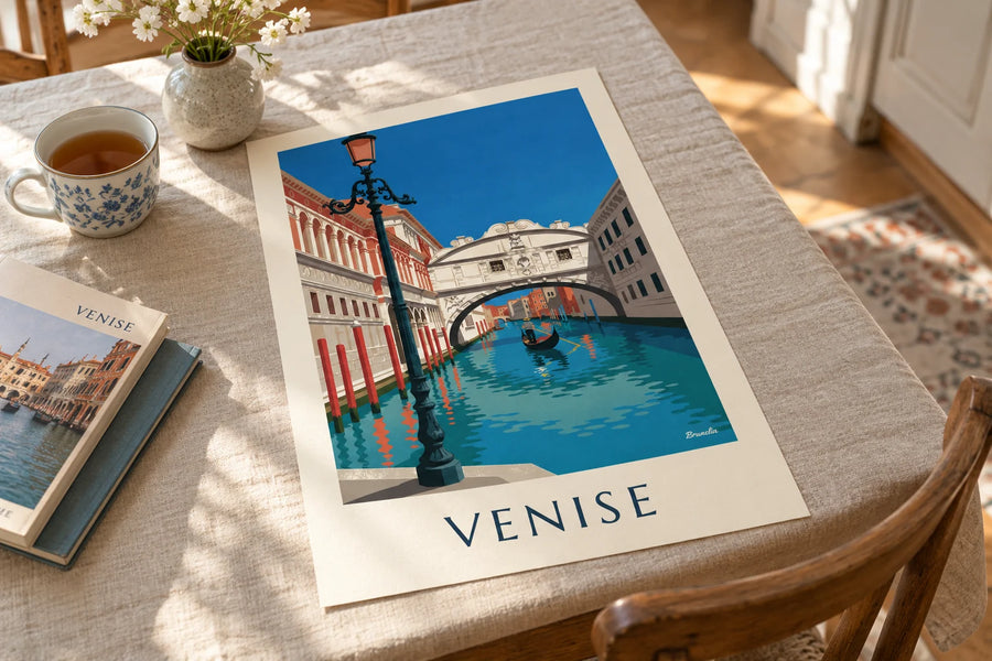 Plakat gondola pod Mostem Westchnień w Wenecji: postawiony na stole