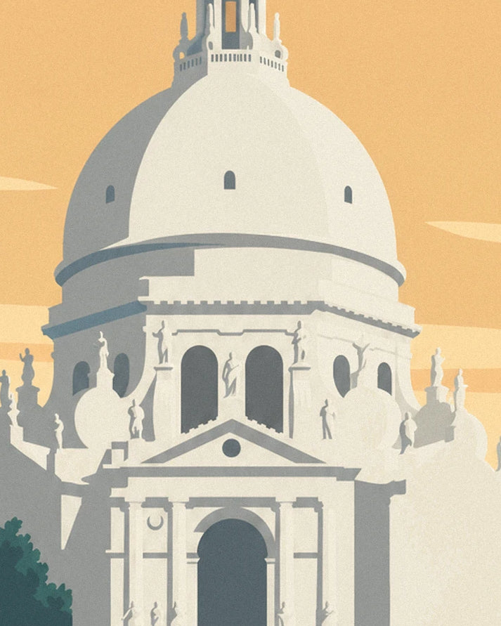 Le dôme blanc de la Salute et sa façade à statues, sous un ciel orangé