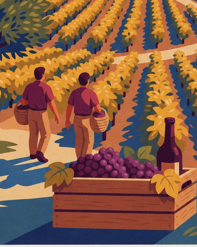 Les 2 vendangeurs et leurs paniers, devant la caisse de raisin et la bouteille de vin