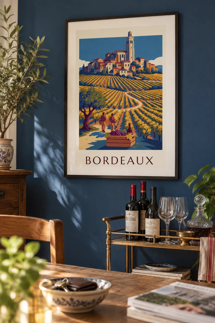 Affiche vendanges à Saint-Émilion, caisse de raisin et vignes dorées : encadrée au mur
