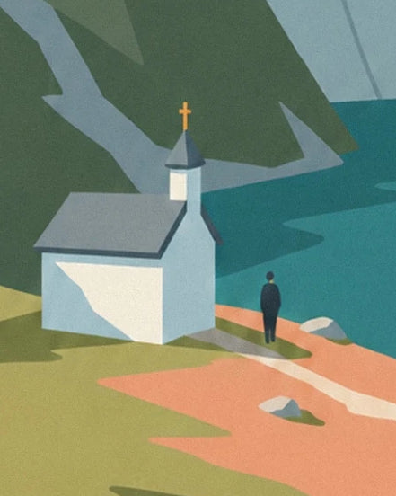 The chapel with a cross atop its bell tower and a walker beside the lake