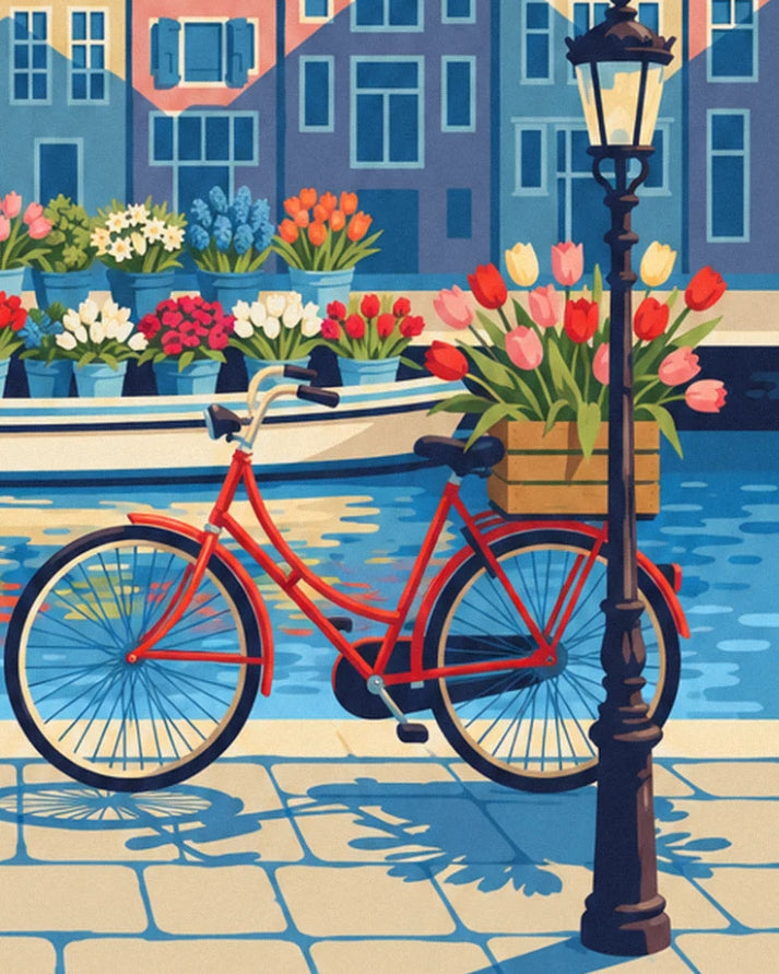 Le vélo rouge appuyé au lampadaire, son panier de tulipes au bord du canal