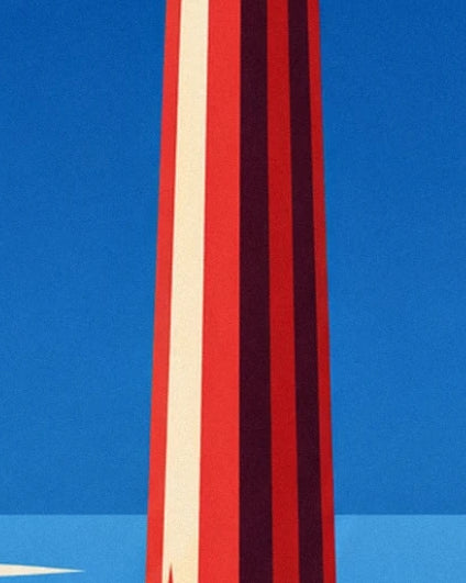 The red shank of the anchor, streaked with cream and burgundy against a blue background