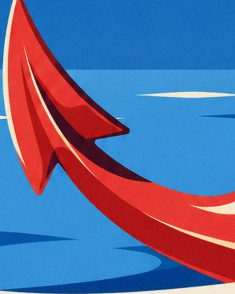 The red and cream curve of the anchor over a calm sea with dark reflections