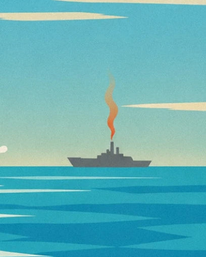 A grey ship on the horizon beneath a plume of orange smoke