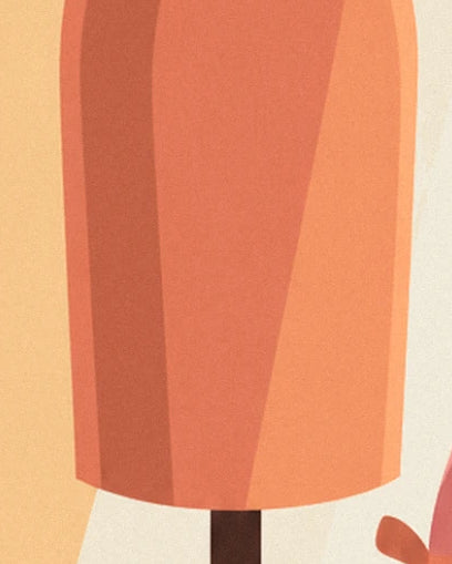 Le bas du mannequin orange aux pans ombrés, sur son pied brun foncé