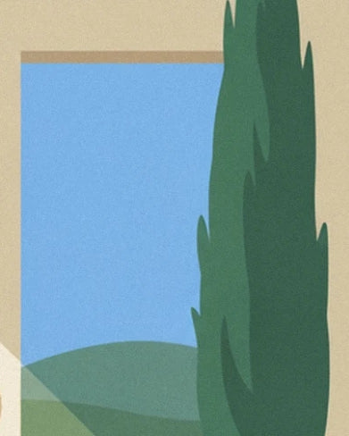 Un cyprès vert devant le ciel bleu et les collines, dans l'encadrement clair