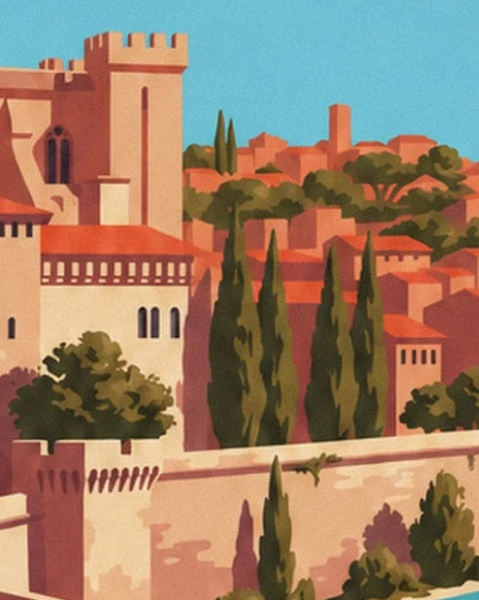 The slender cypress trees among the ochre buildings and red roofs of Avignon