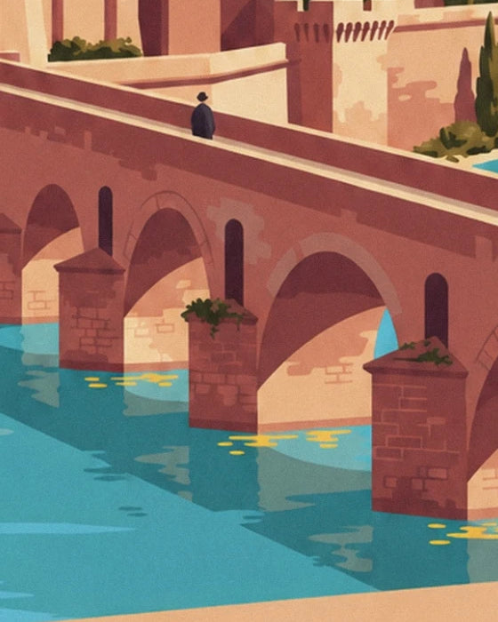 The arches of pont Saint-Bénézet over the turquoise Rhône and a passer-by on the bridge