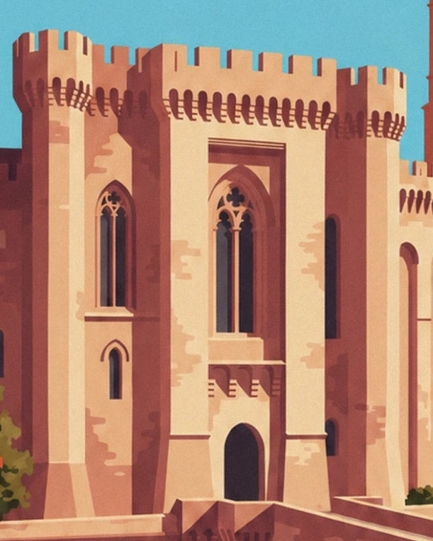The battlemented towers of palais des Papes and their tall Gothic windows